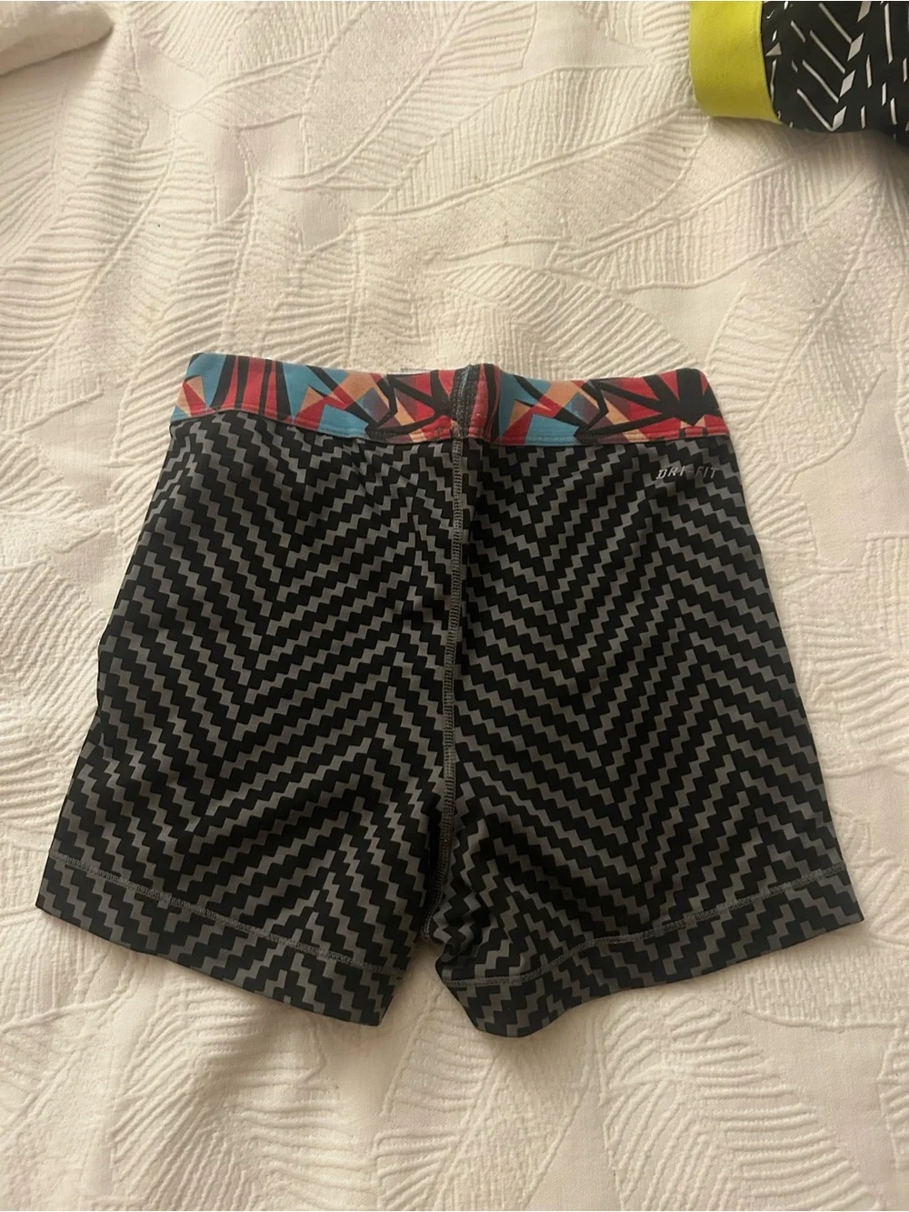 Nike Pro Dri Fit Women’s Black Geometric Bike Shorts with Multicolor Waistband